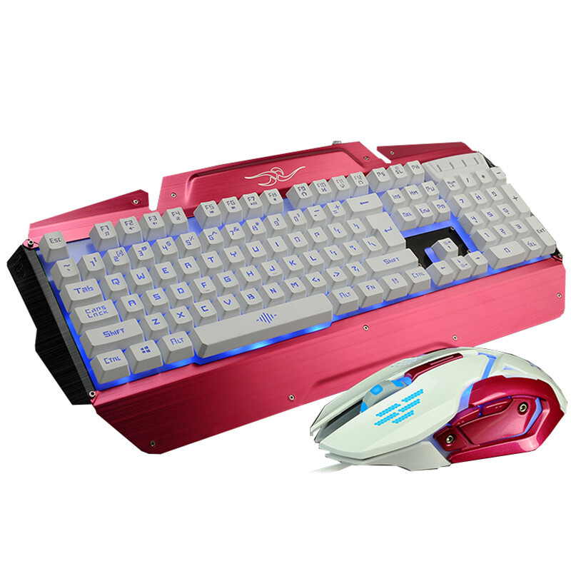 如意鸟K27 USB台式电脑金属发光背光有线游戏键盘鼠标套装 机械手感，光耀网咖